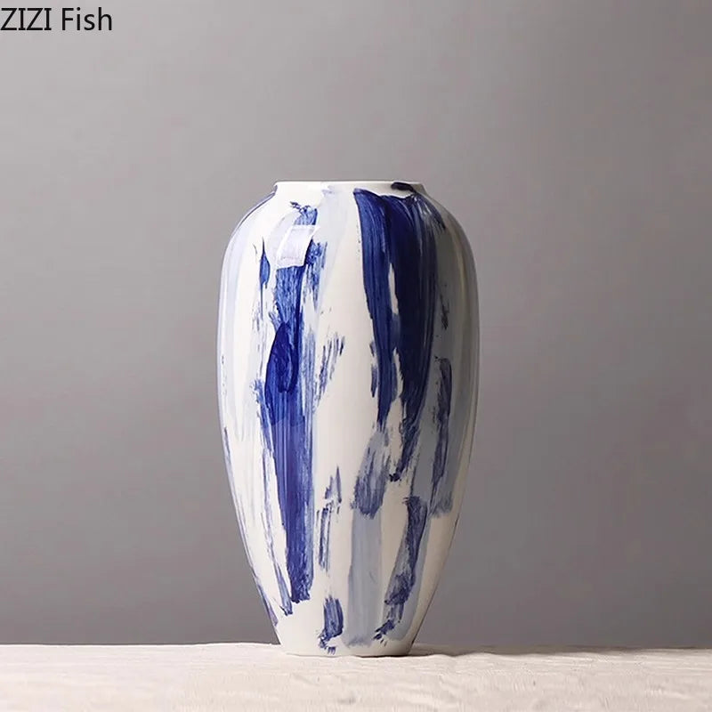 DecorBites™ Blue & White Porcelain Vase: Ink Style Flowers, Aesthetic Room Decor