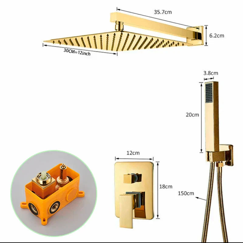 مجموعة دش الحمام الذهبية DecorBites™ مع رأس دش مطري مربع وحنفيات خلاط مخفية