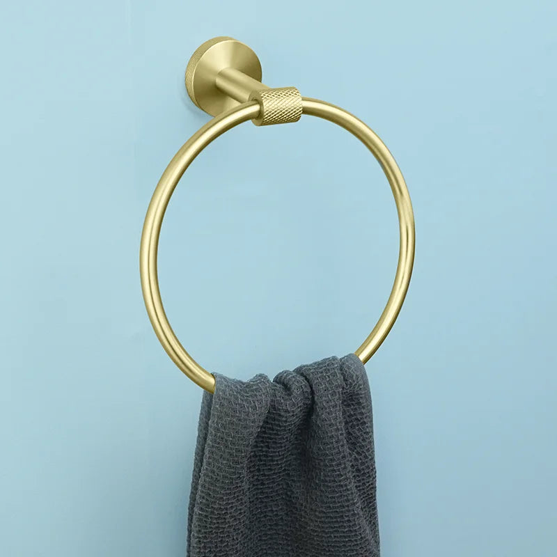 Conjunto de Hardware Decorbites™ Gold: Barra de Toallas, Soporte para Papel Higiénico, Gancho para Batas, Colgador de Tazas