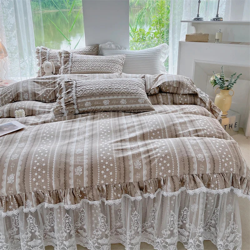 Decobites French Floral Print Bedding Set: Duvet Cover, Lace Ruffles, Quilted Embroidery, Pillowcases