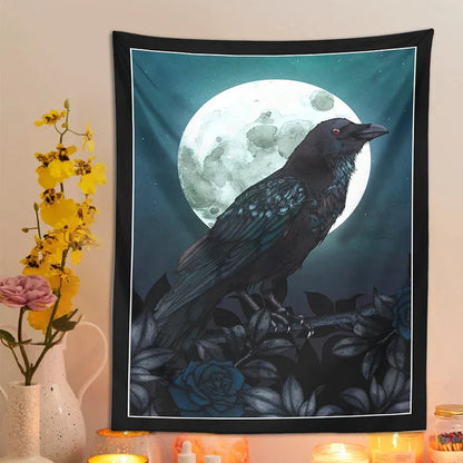 Decobites Raven & Moon Gothic Tapestry Wall Hanging for Dark Rose Bird Lover Room