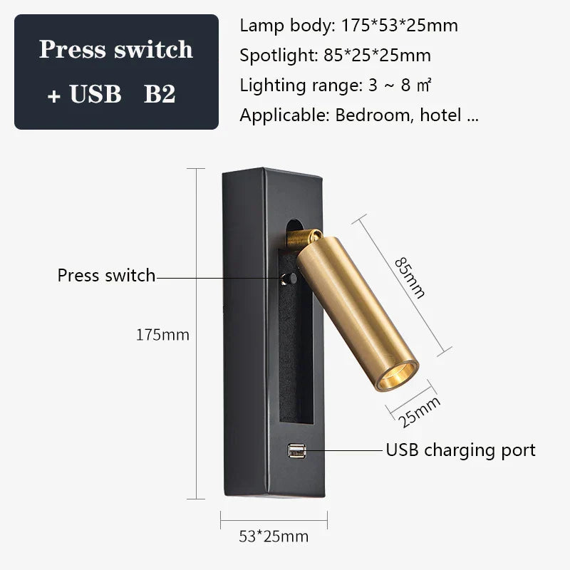 DecorBites™ Black Brass Wall Sconce with USB Port and Switch, 3W Spotlight for Bedroom