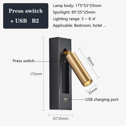 DecorBites™ Black Brass Wall Sconce with USB Port and Switch, 3W Spotlight for Bedroom
