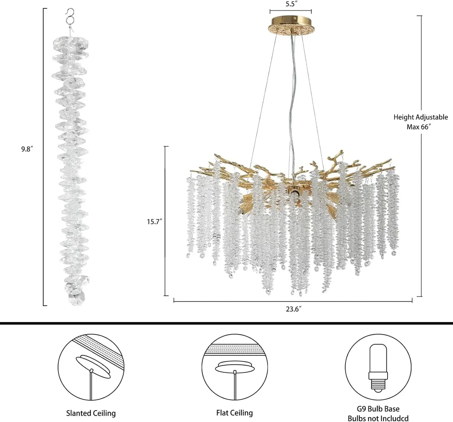 Artpad Round Branch Crystal Chandelier Dining Room Raindrop Ceiling Hanging Pendant Lamp for Kitchen Island Living Room