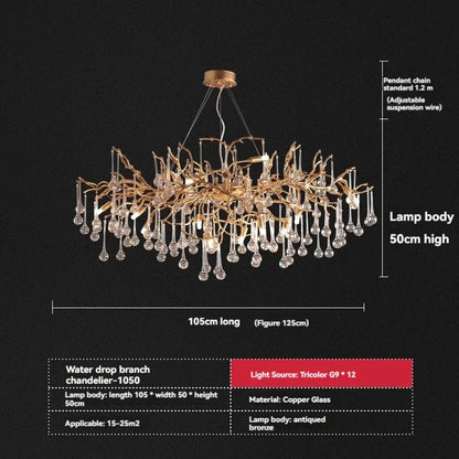 DecorBites™ French Crystal Chandelier for Dining Room: Elegant Copper Branch Ceiling Light