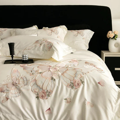 Decobites Luxe Butterfly Flowers Embroidery Bedding Set 800TC Egyptian Cotton Duvet Covers Sheets Pillowcases