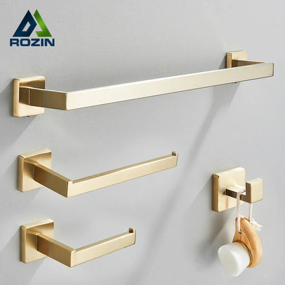 DecorBites™ Brushed Gold Stainless Steel Bathroom Accessories Set: Toilet Wall Towel Bar, Paper Holder, Hook