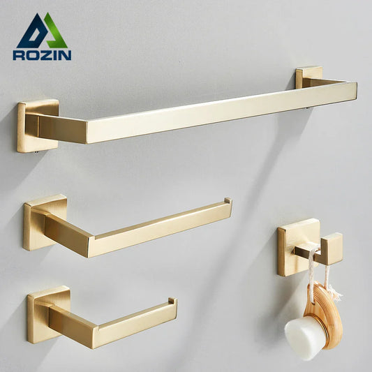 DecorBites™ Brushed Gold Stainless Steel Bathroom Accessories Set: Toilet Wall Towel Bar, Paper Holder, Hook