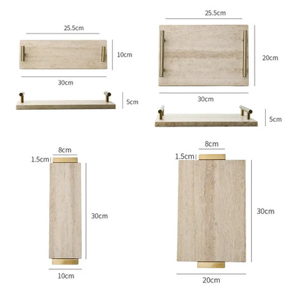DecorBites™ Beige Travertine Stone Tray with Golden Metal Handle