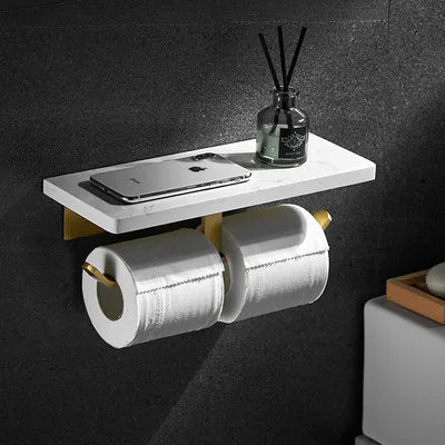 Soporte de pared para papel higiénico DecorBites™ Gold Marble, con caja de pañuelos y estante para baño.