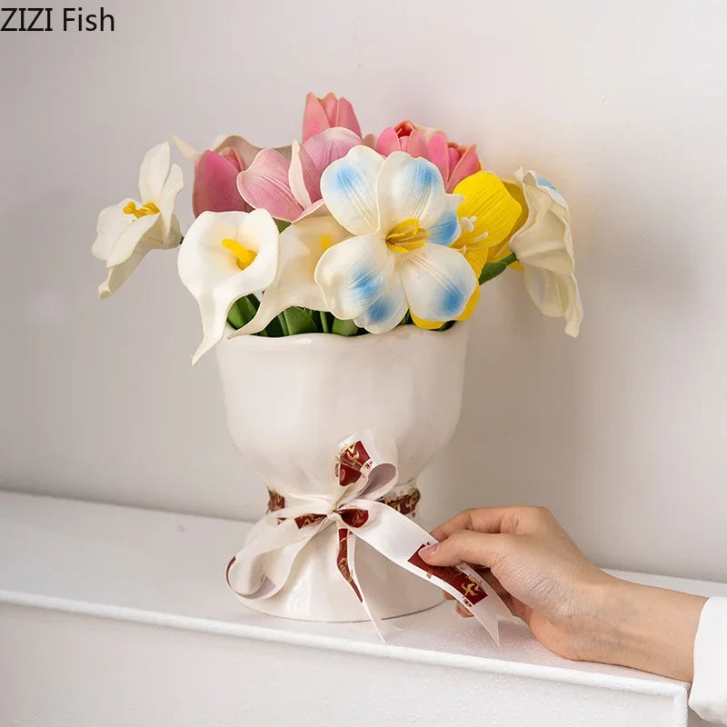 Juego de jarrones de cerámica DecorBites™ Lovely Ribbon para una decoración estética y encantadora de la habitación.