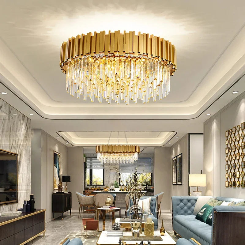 DecorBites™ Goldener Edelstahl-Kristallleuchter: Moderne runde LED-Leuchte für Esszimmer