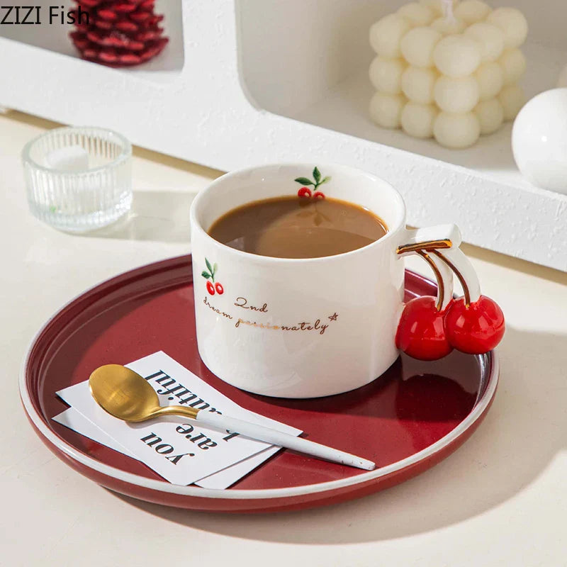 DecorBites™ Cherry Pattern Porcelain Coffee Mug, Gilded Edge Teacup for Afternoon Tea & Juice