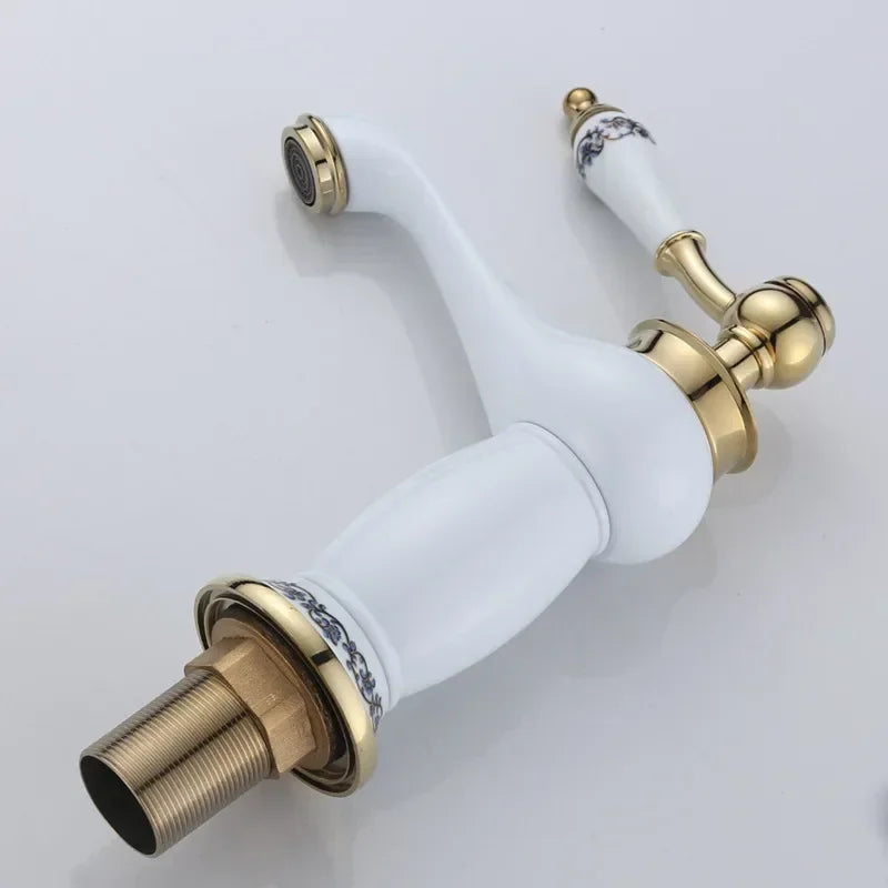 DecorBites™ High Quality White Ceramic Basin Faucet with Golden Finish