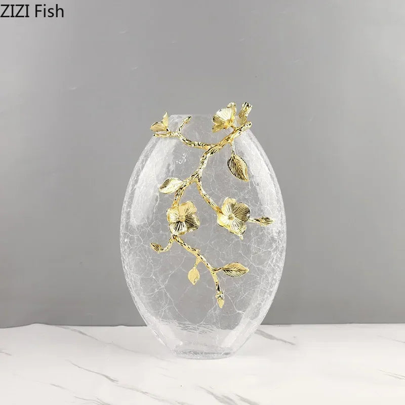 DecorBites™ Golden Flower Glass Vase Desk Decoration, Aesthetic Floral Vases, Room Decor