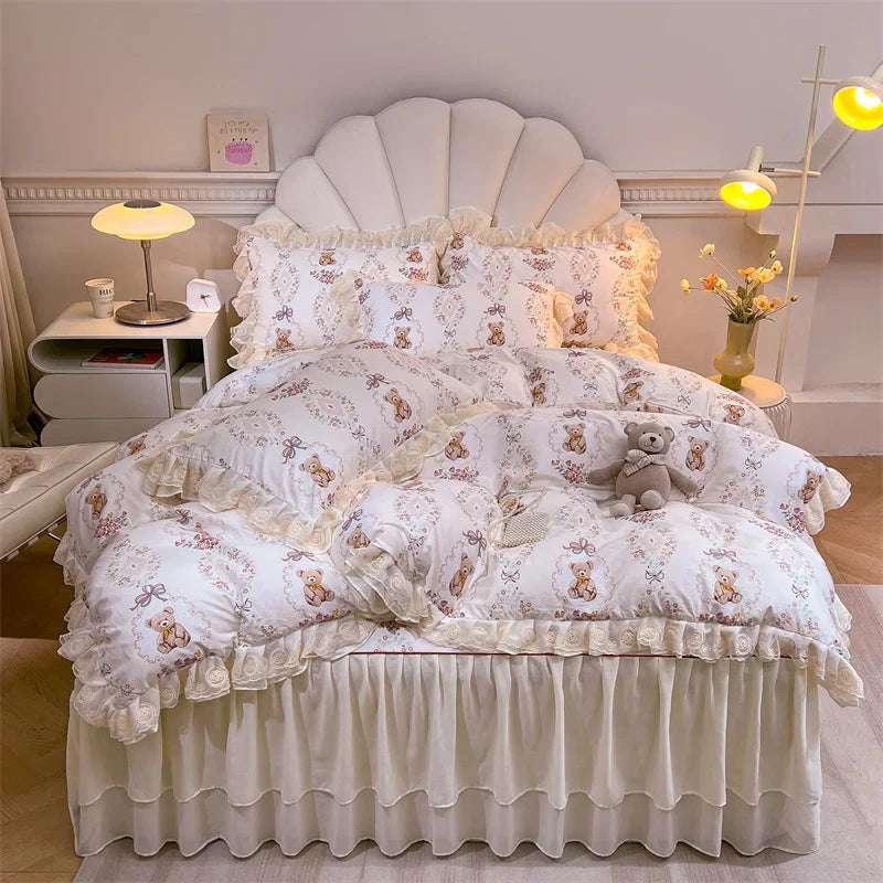 Decobites Princess Lace Ruffles Floral Bedding Set with Duvet Cover and Bed Skirt