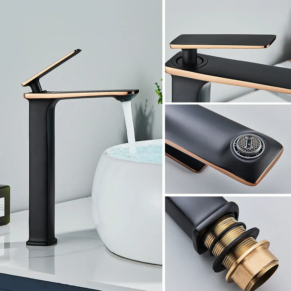 DecorBites™ Black Rose Gold Basin Faucet: Modern Deck Mounted Sink Mixer Tap for Luxury Bathrooms