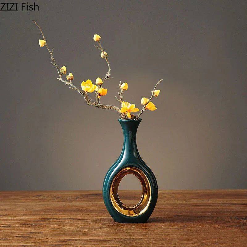 Jarrón de Cerámica Dorada Decorbites™ con Flores Artificiales | Decoración de Mesa | Decoración Estética para la Habitación