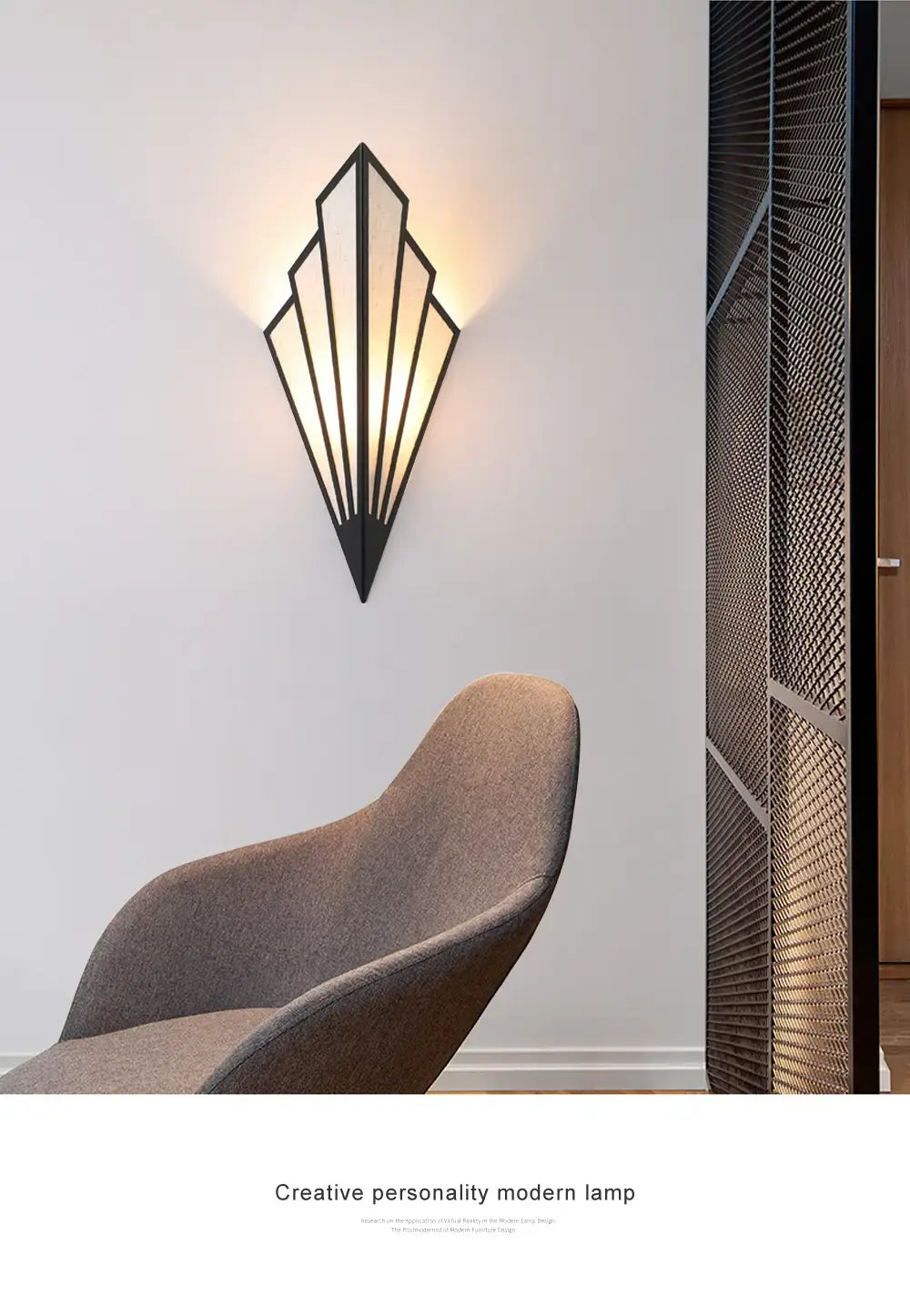 black metal art deco wall light with a diamond shape modern fan-like design and warm interior lighting for bedroom use