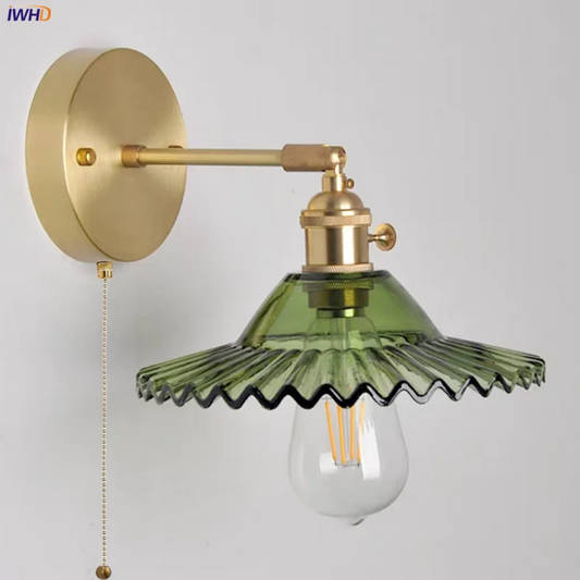 DecorBites™ Green Glass LED Wall Lights with Pull Chain Switch - Vintage Copper Sconce