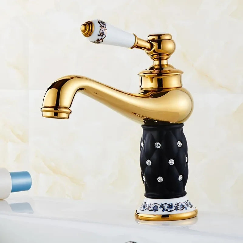 Grifo de Lavabo de Latón Dorado Decorbites™ con Diamante, Monomando Mezclador de Agua Caliente y Fría