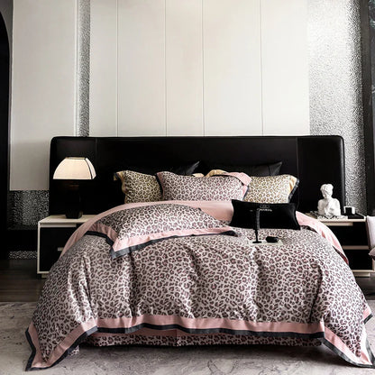 Pink Leopard Jacquard Lyocell Cotton Bedding Set by Decobites - Queen King Size Soft Silky Bed Set