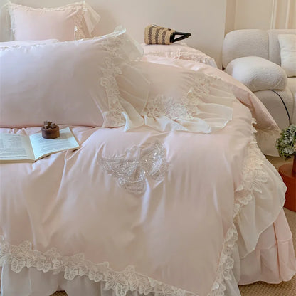 Decobites Pink Lace Butterfly Embroidery Bedding Set 4Pcs, Princess Wedding Theme