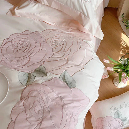 Decobites Pink Rose Applique Cotton Embroidery Bedding Set 500TC Soft Skin-friendly Duvet Cover