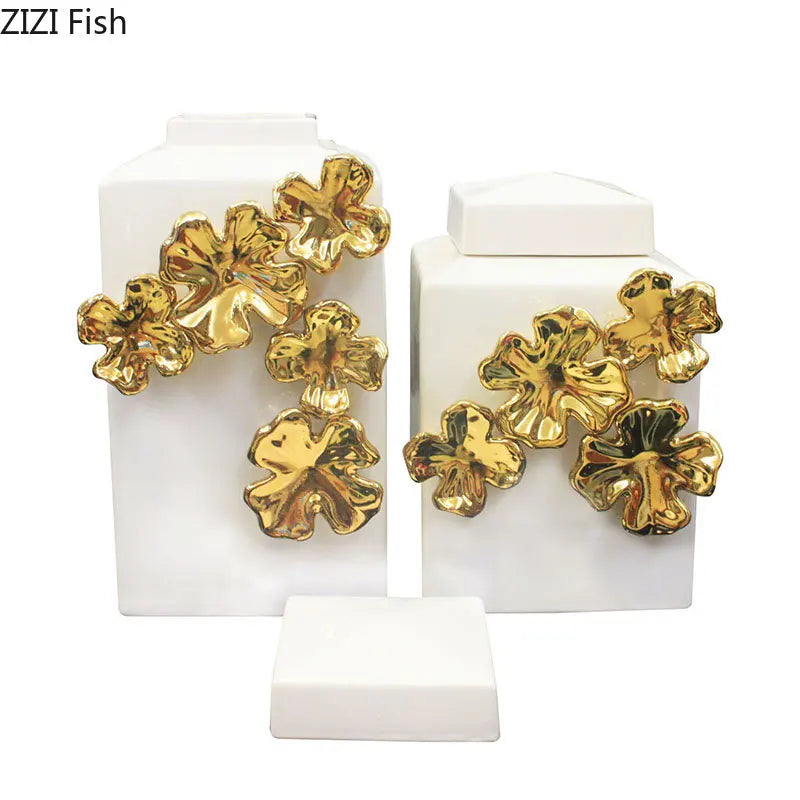 DecorBites™ Golden Flower Relief Ceramic Storage Jar for Desk Decoration and Jewelry Box
