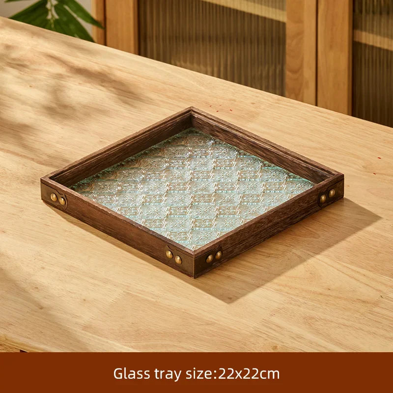 DecorBites™ Glass Wood Tea Table Tray, Rectangular Snack Food Fruit Bowl Serving Tray