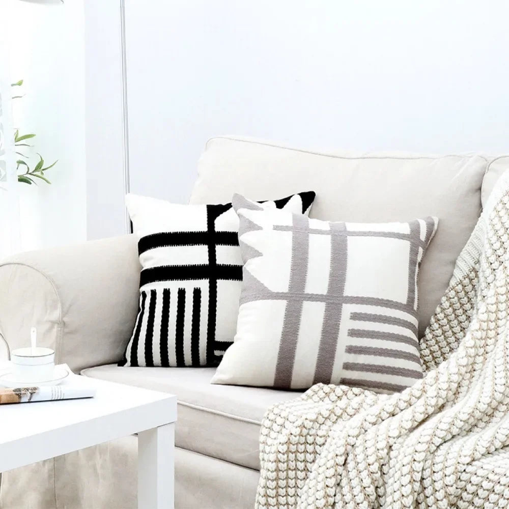 DecorBites™ Embroidered Burlap Cushion Cover | Black White Gray Pillow Cover 45x45cm