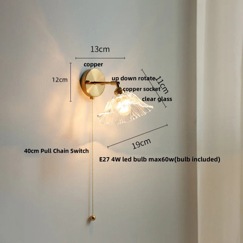 DecorBites™ Glass Bedside Sconce: Modern Nordic LED Wall Light with Pull Chain Switch