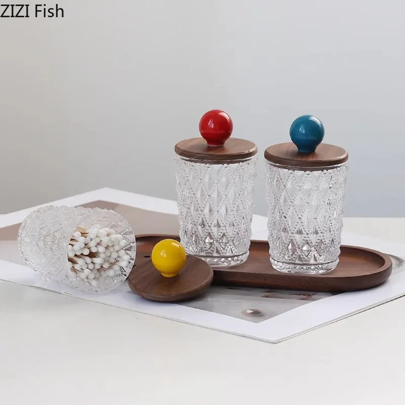Decorbites™ Bunte Keramik-Kugeln-Glasdose mit Walnussholzdeckel für die Aufbewahrung von Ohrringen & Schmuck