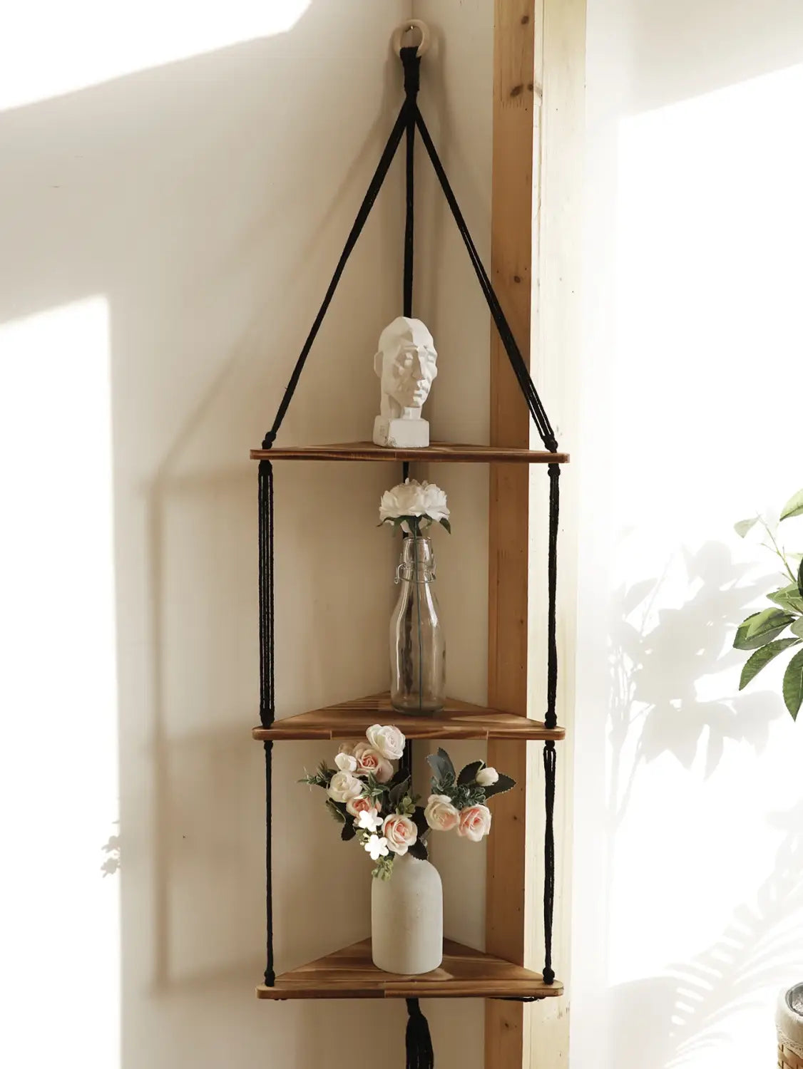 DecorBites™ Wooden Corner Shelf with Macrame - Boho Wall Decor