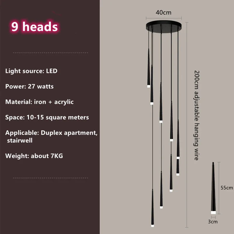 DecorBites™ Loft Black LED Stair Chandelier for Modern Living Room and Restaurant