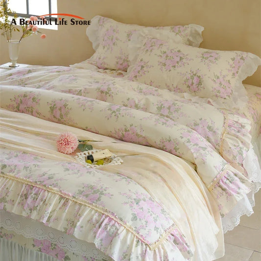 Decobites Pure Cotton Floral Quilted Bedding Set with Lace Ruffles