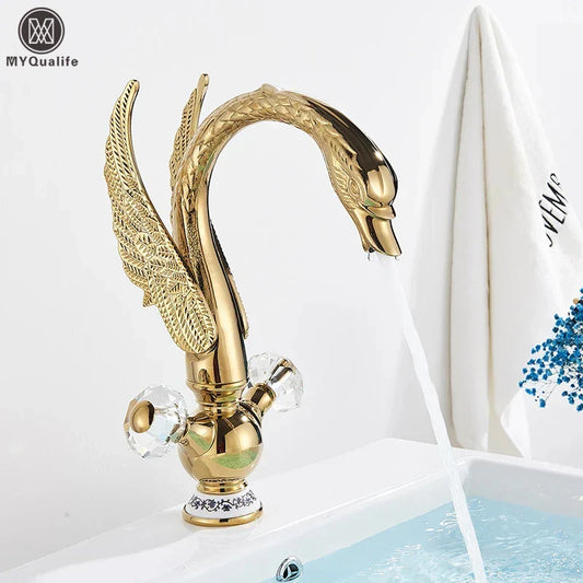 DecorBites™ Gold Brass Black Swan Bathroom Basin Faucet Luxury Single Mixer Tap Deck Mounted