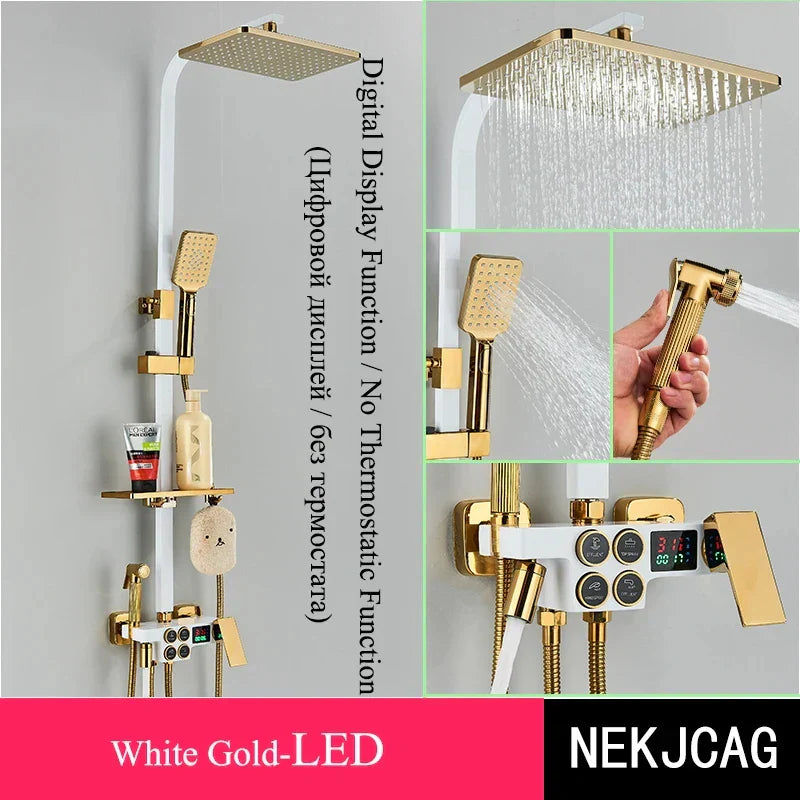 DecorBites™ Digital Display Thermostatic Shower Faucet Set, Rain Shower Column, Wall Mount - Black/Chrome