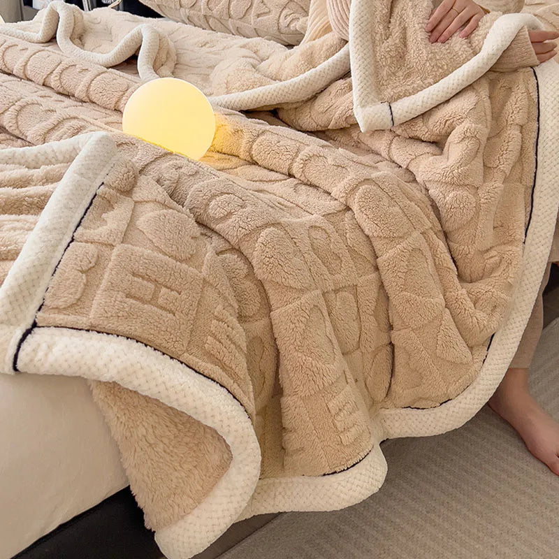 Manta de lana de cordero DecorBites™: Doble cara, grueso forro polar coral, suave y cálida