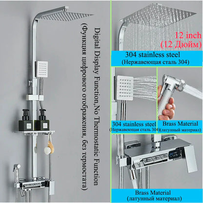 DecorBites™ Digital Display Thermostatic Shower Faucet Set with Rainfall Shower Column in Chrome