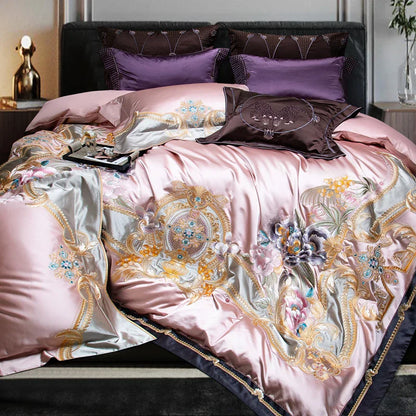 Decobites Pink Purple Embroidery European Palace Bedding Set - 9Pcs Premium Egyptian Cotton