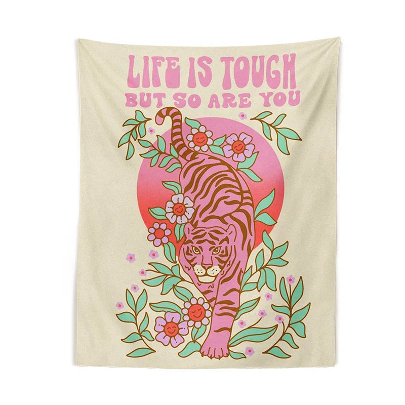 Decobites Tiger Moon Pink Flower Tapestry, Boho Wall Hanging for Aesthetic Home Decor