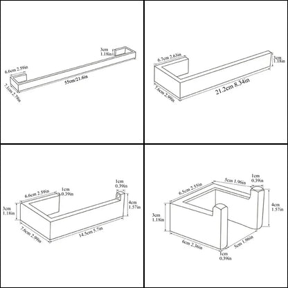 مجموعة أدوات الحمام السوداء من DecorBites™: خطاف رداء، قضيب مناشف، رف، حامل مناديل، منظم فرشاة أسنان