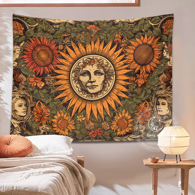 Sunflower Tapestry Wall Hanging Retro Bohemian Floral Decor Cloth by Decobites