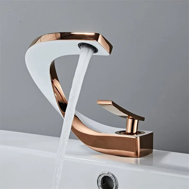 Grifo de lavabo para baño Decorbites™ Oro y Blanco montado en cubierta, latón con acento en oro rosa