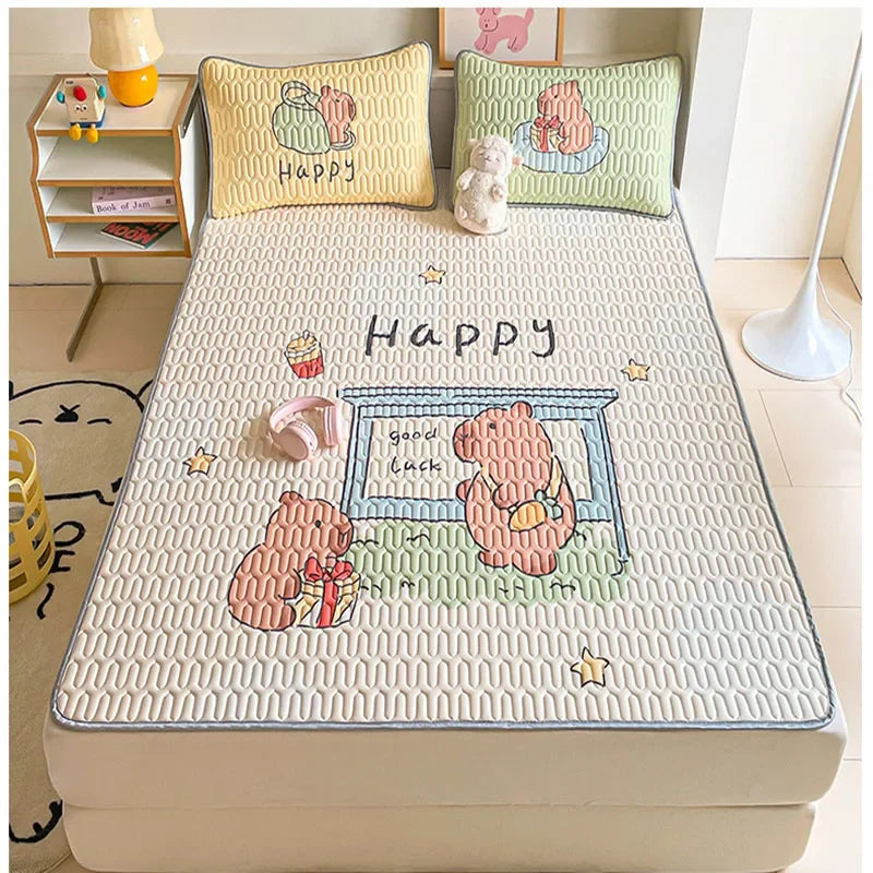 DecorBites™ Cartoon Pattern Latex Mattress Set for Home, 3-Layer Rebound Soft Breathable Bed Sheets