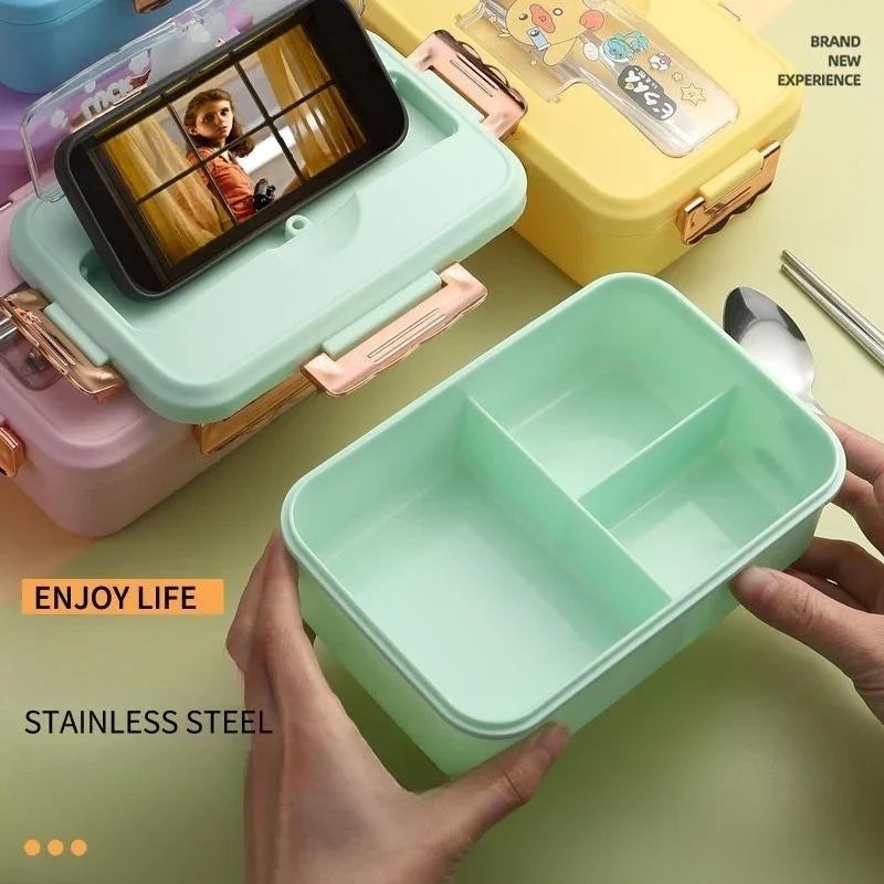 Caja de almuerzo bento de dibujos animados para niños Decorbites™ con tenedor y cuchara, calentada con 3 compartimentos para sándwich y bocadillos