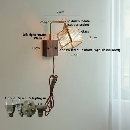 DecorBites™ Clear Glass LED Wall Light Walnut Bedside Lamp Modern Rotatable Brass Wall Lights