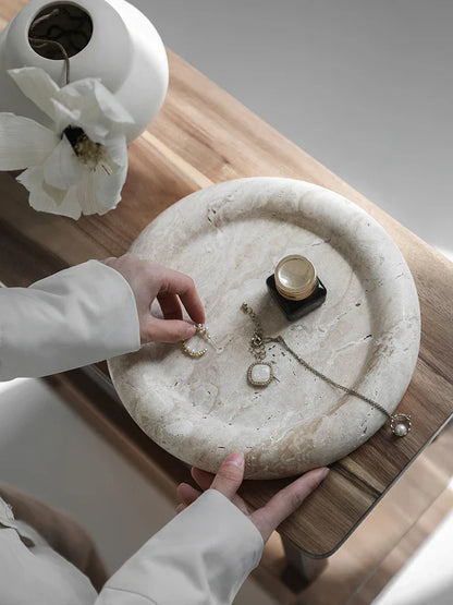 DecorBites™ Beige Travertine Serving Tray: Vintage Home Decor Round Vanity & Jewelry Plate