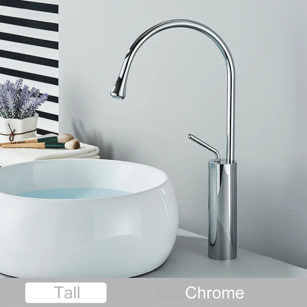 Grifo alto DecorBites™ Gold, mezclador giratorio de cascada de 360° para lavabo de baño